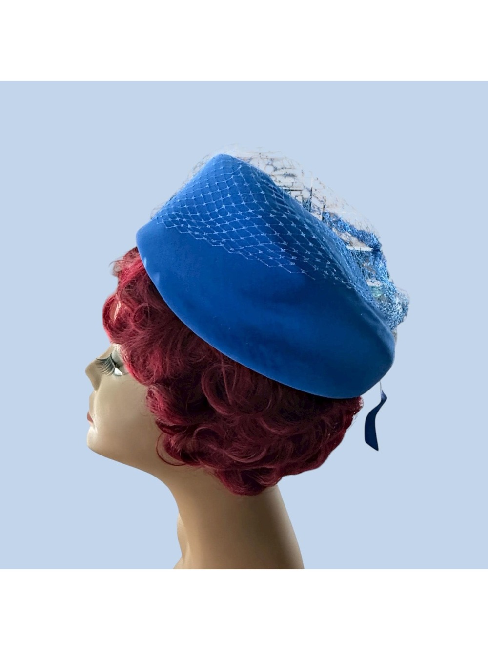 Vintage 1960s Blue Velvet Pillbox Hat with a Veil,  Royal Blue, Lined